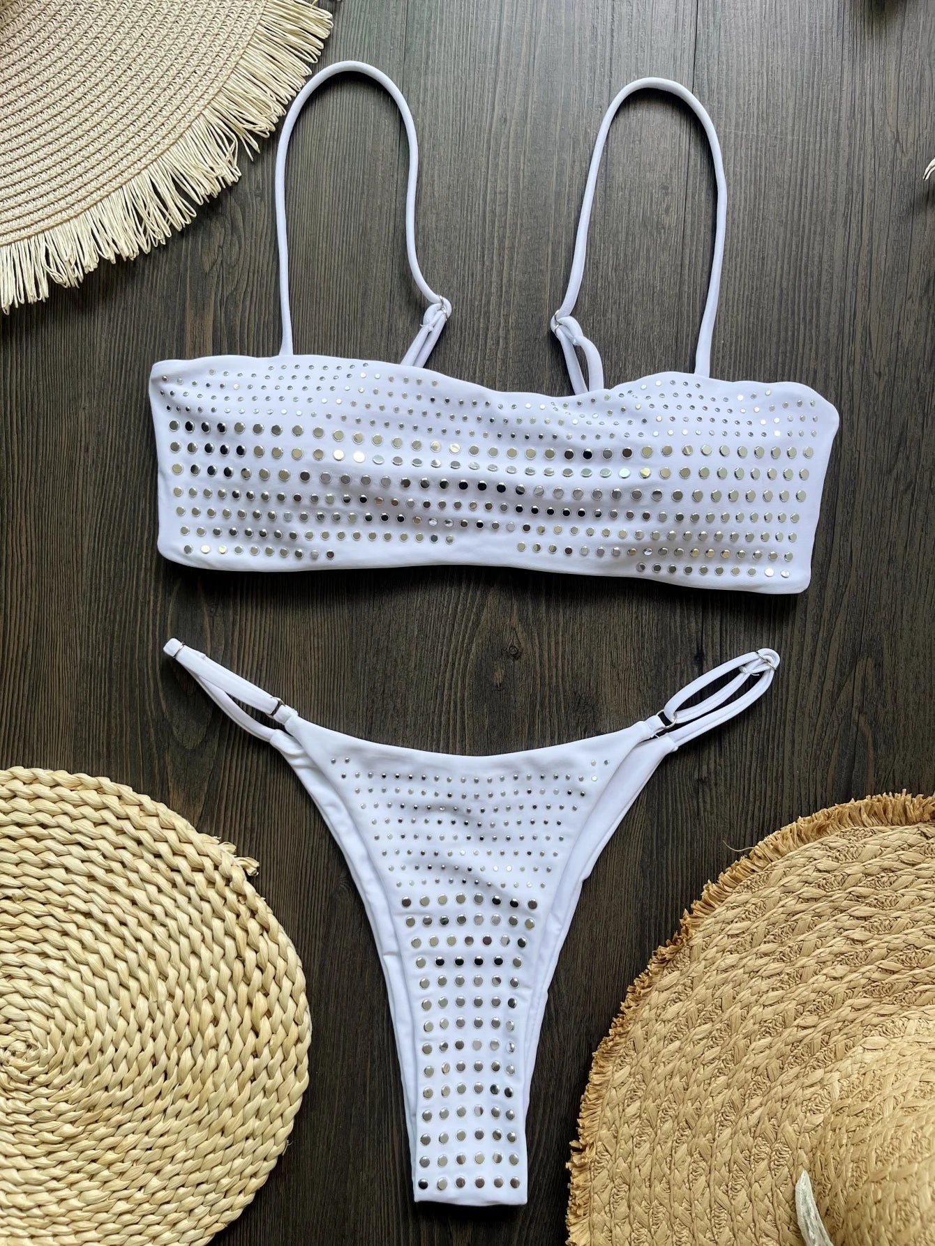 Trend4us Luxe Rhinestone Bandeau Bikini Set in white