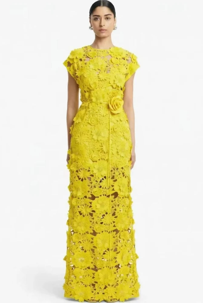 Trend4us Luxe 3D Floral Appliqué Sheer Evening Gown