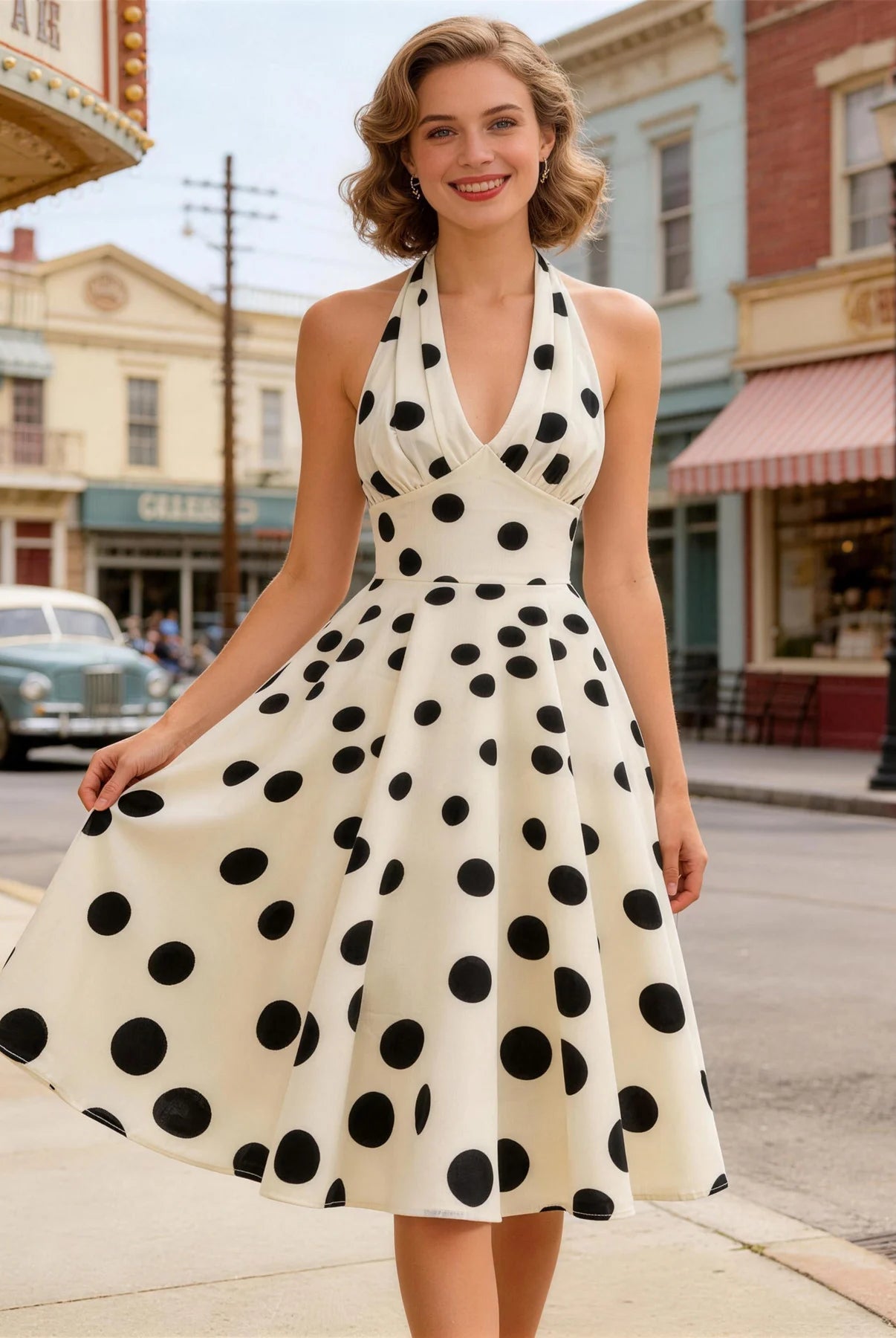 Trend4us Vintage Polka Dot Halter Fit & Flare Prom Dress front view
