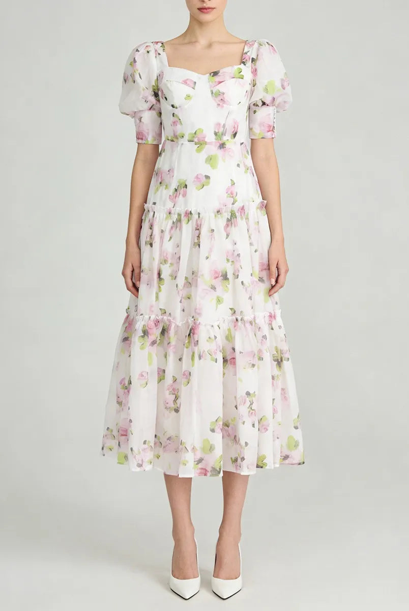 Pink floral lace-up back maxi dress front view