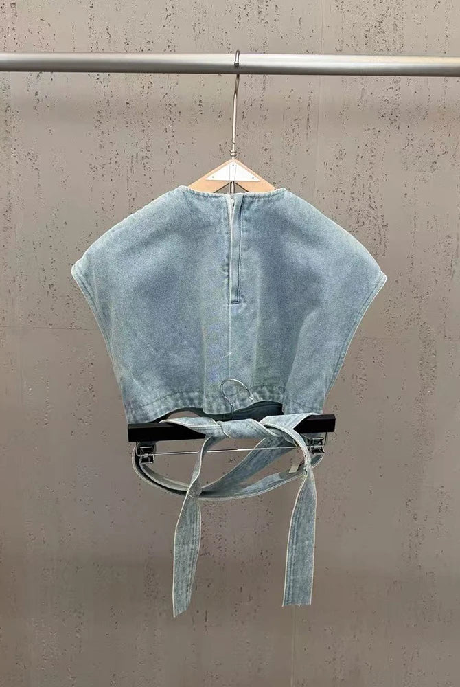 Trend4us Luxe Asymmetrical Denim Crop Top & Draped Skirt Set in blue