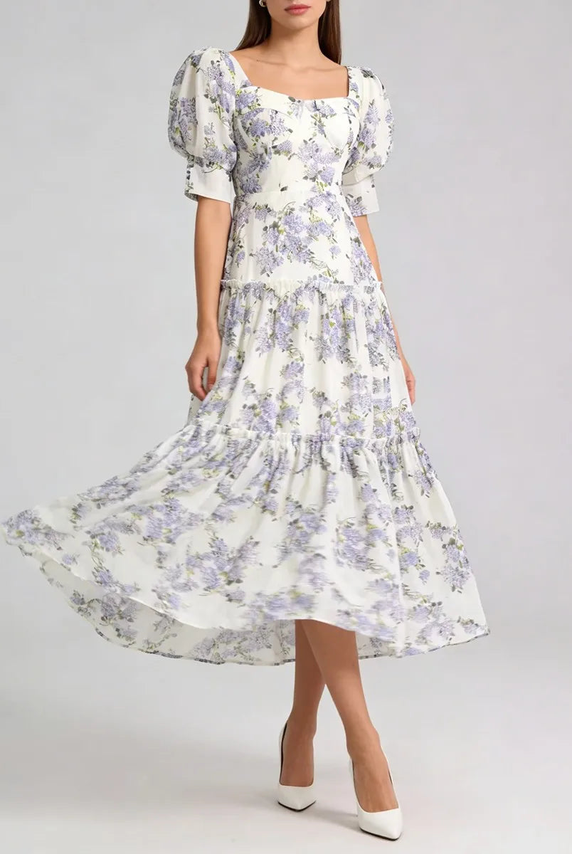 Purple floral lace-up back maxi dress front view