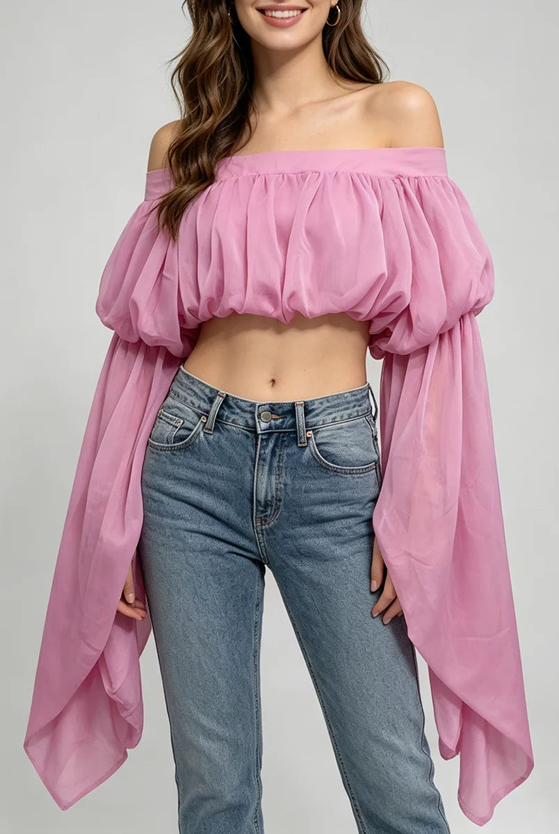 Trend4us Romantic Off-Shoulder Chiffon Puff Sleeve Crop Top
