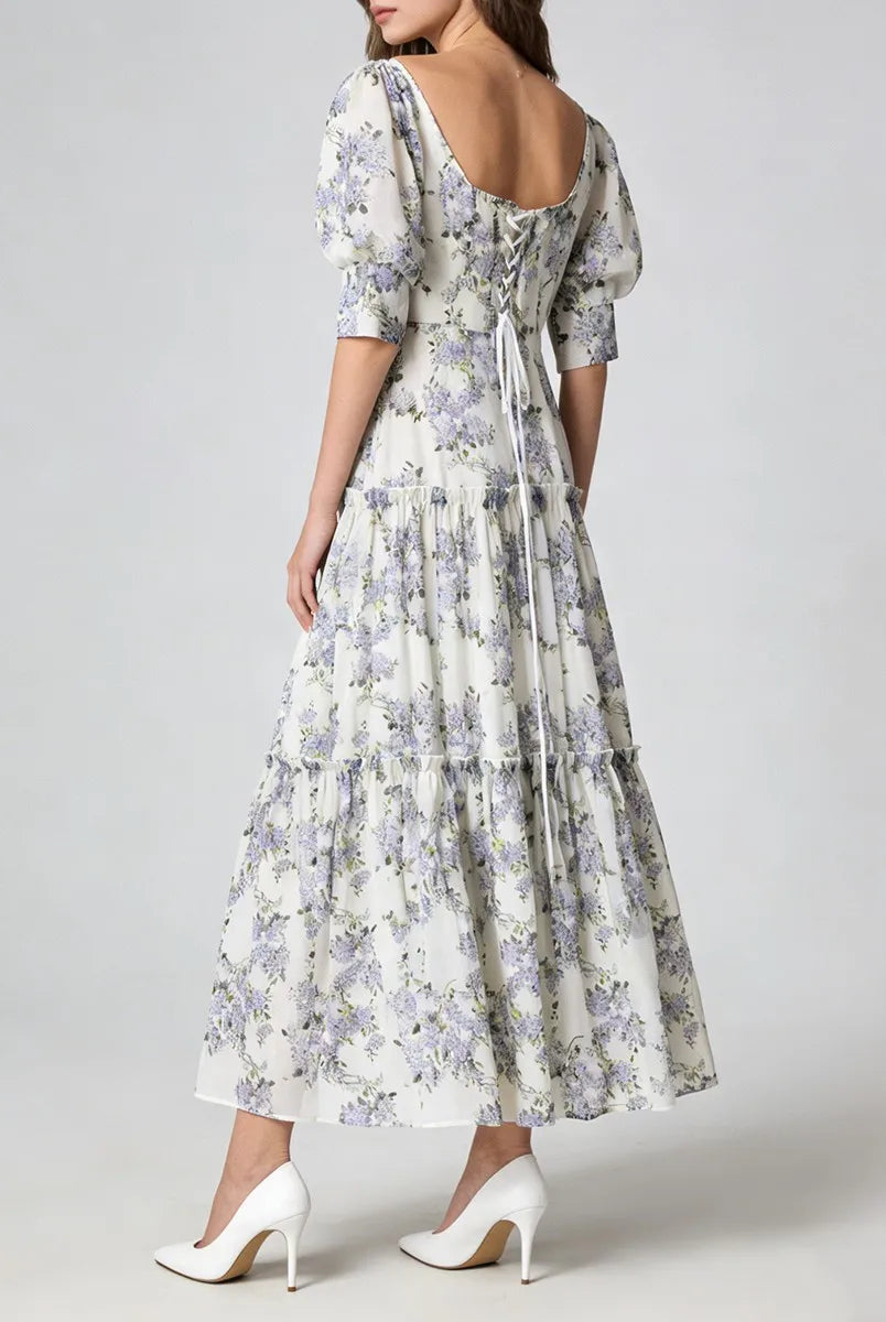 Purple floral lace-up back maxi dress saide view