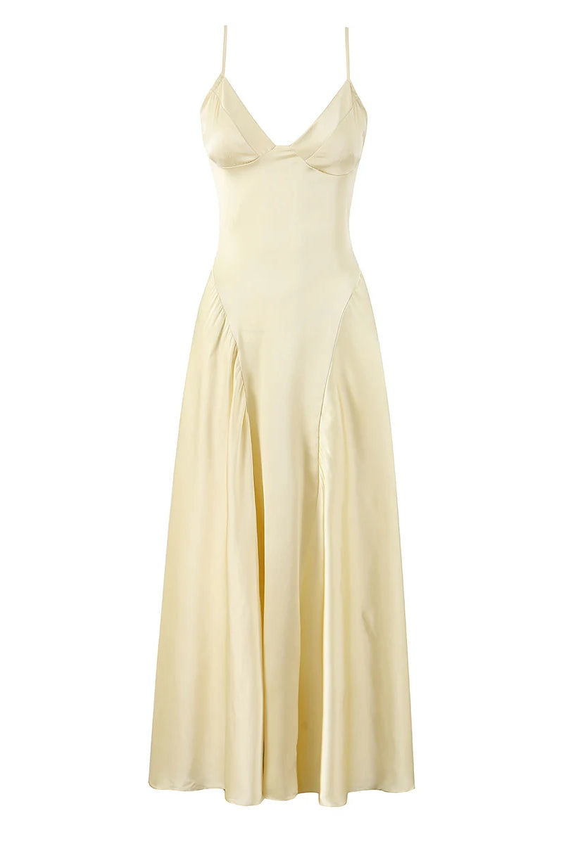 Satin Lace-Up Corset Maxi Dress — Women's V-Neck A-Line | Trend4us