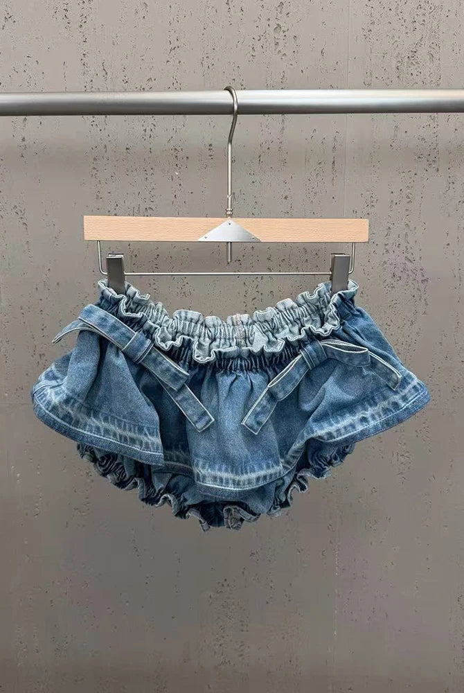 Trend4us Luxe Belted Peplum Denim Jacket & Ruffle Shorts Set in blue