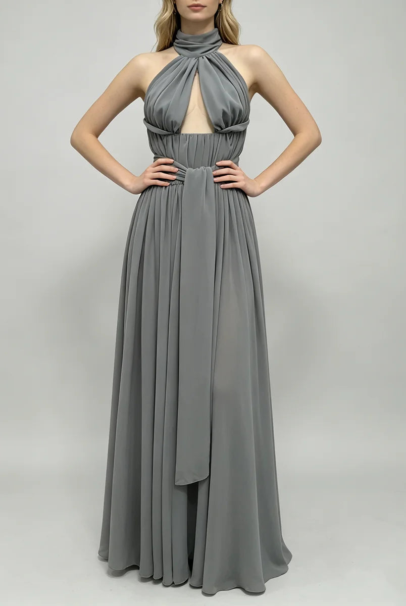 Trend4us Luxe Draped Halter Cutout Backless Evening Gown - Gray