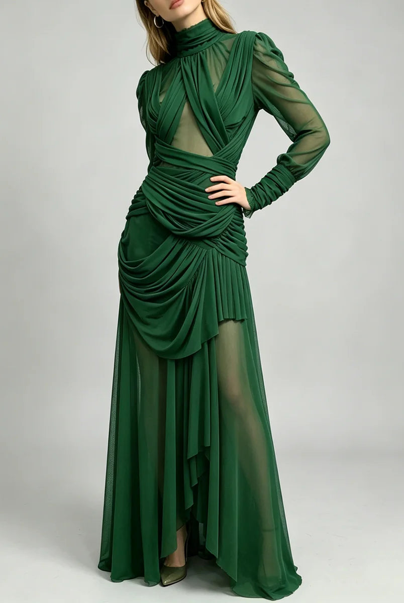 Trend4us Luxe Sheer Draped Illusion High-Neck Evening Gown