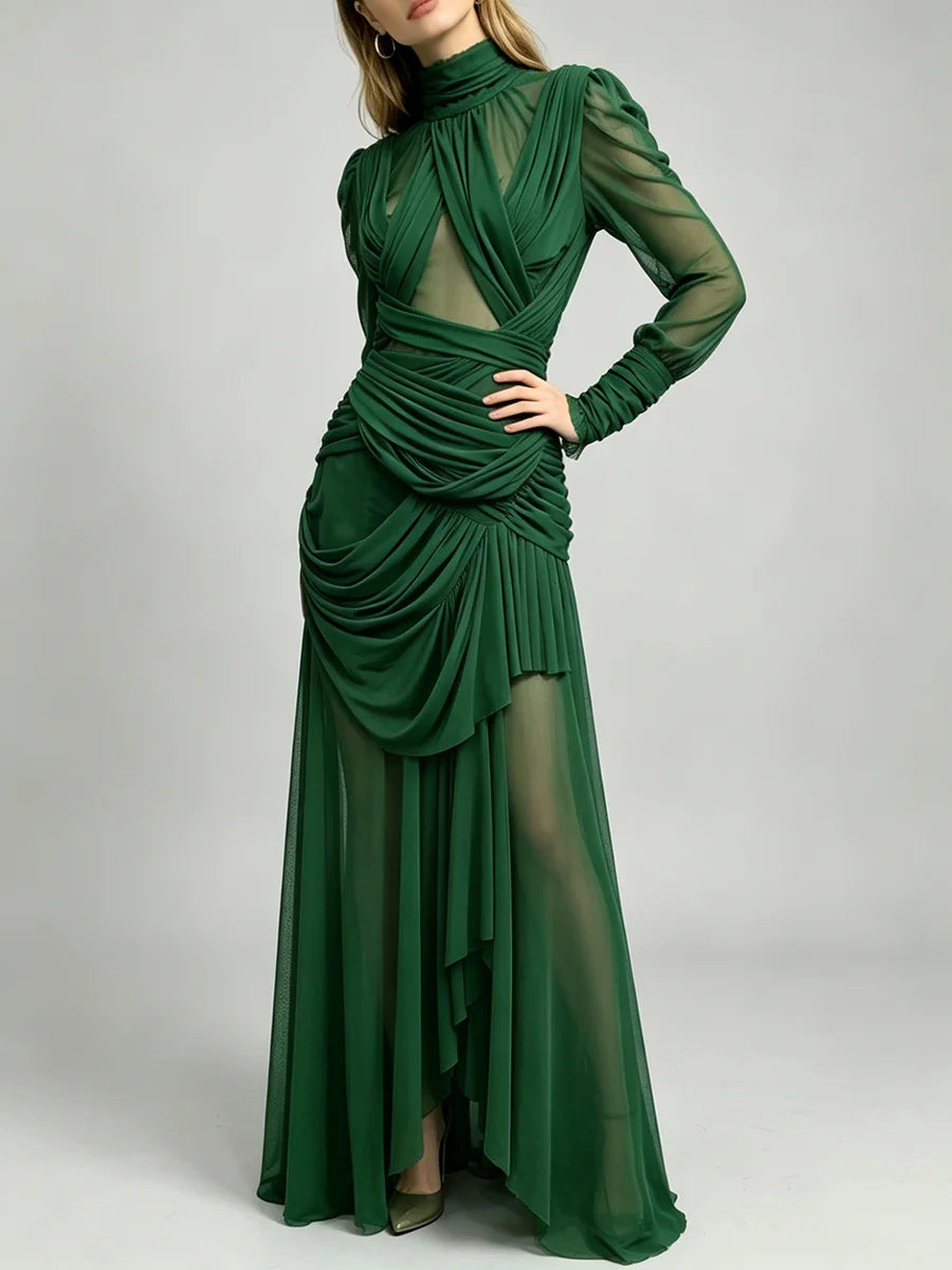 Trend4us Luxe Sheer Draped Illusion High-Neck Evening Gown