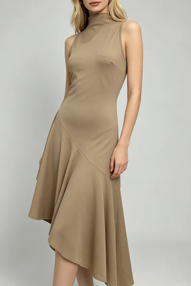 Trend4us Elegant High-Neck Asymmetrical Hem Midi Dress