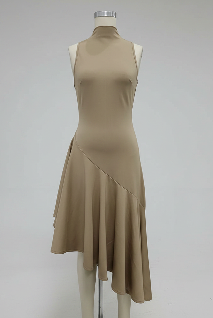 Trend4us Elegant High-Neck Asymmetrical Hem Midi Dress