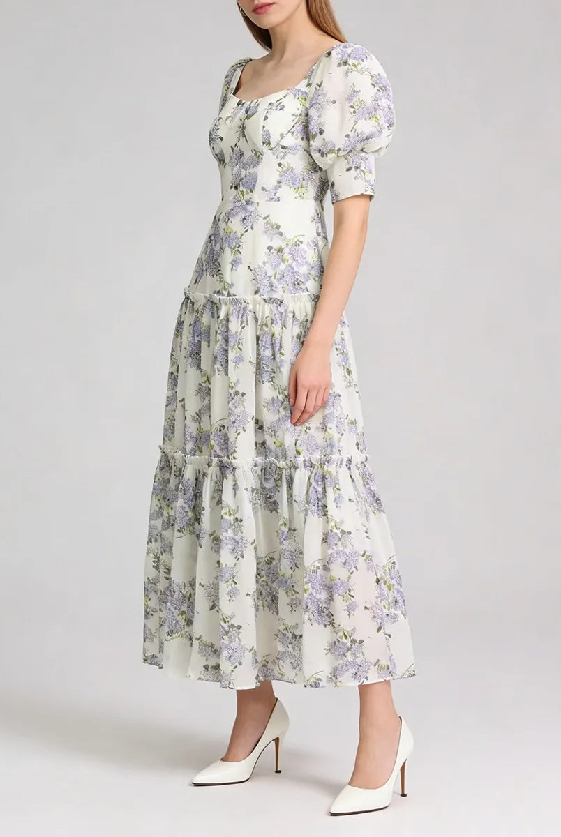 Purple floral lace-up back maxi dress front view