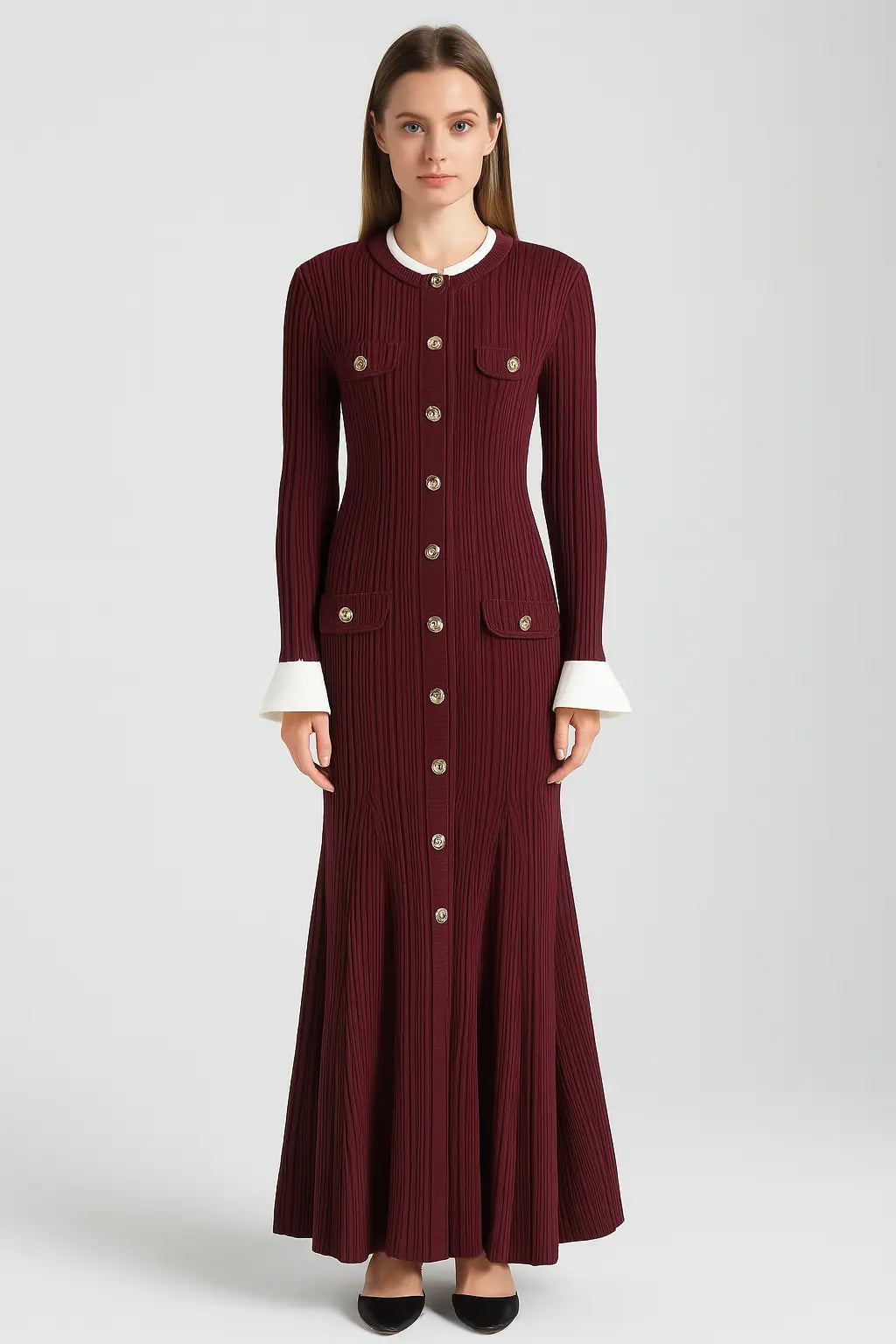 Trend4us Vintage Knit Buttoned Maxi Flare Dress