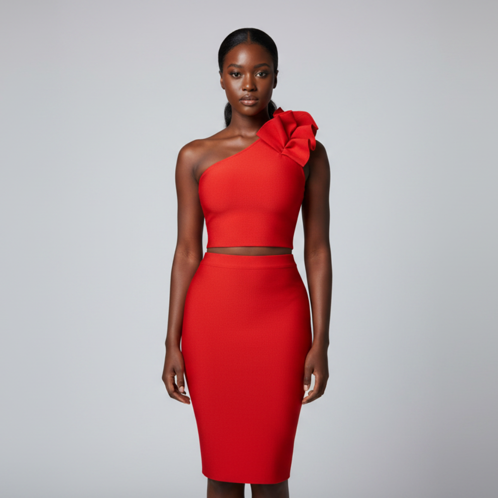 One-Shoulder Rosette Top & Skirt Two-Piece Set red