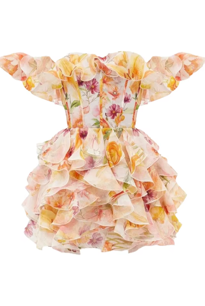 Trend4us Luxe Floral Ruffle Off-Shoulder Mini Dress