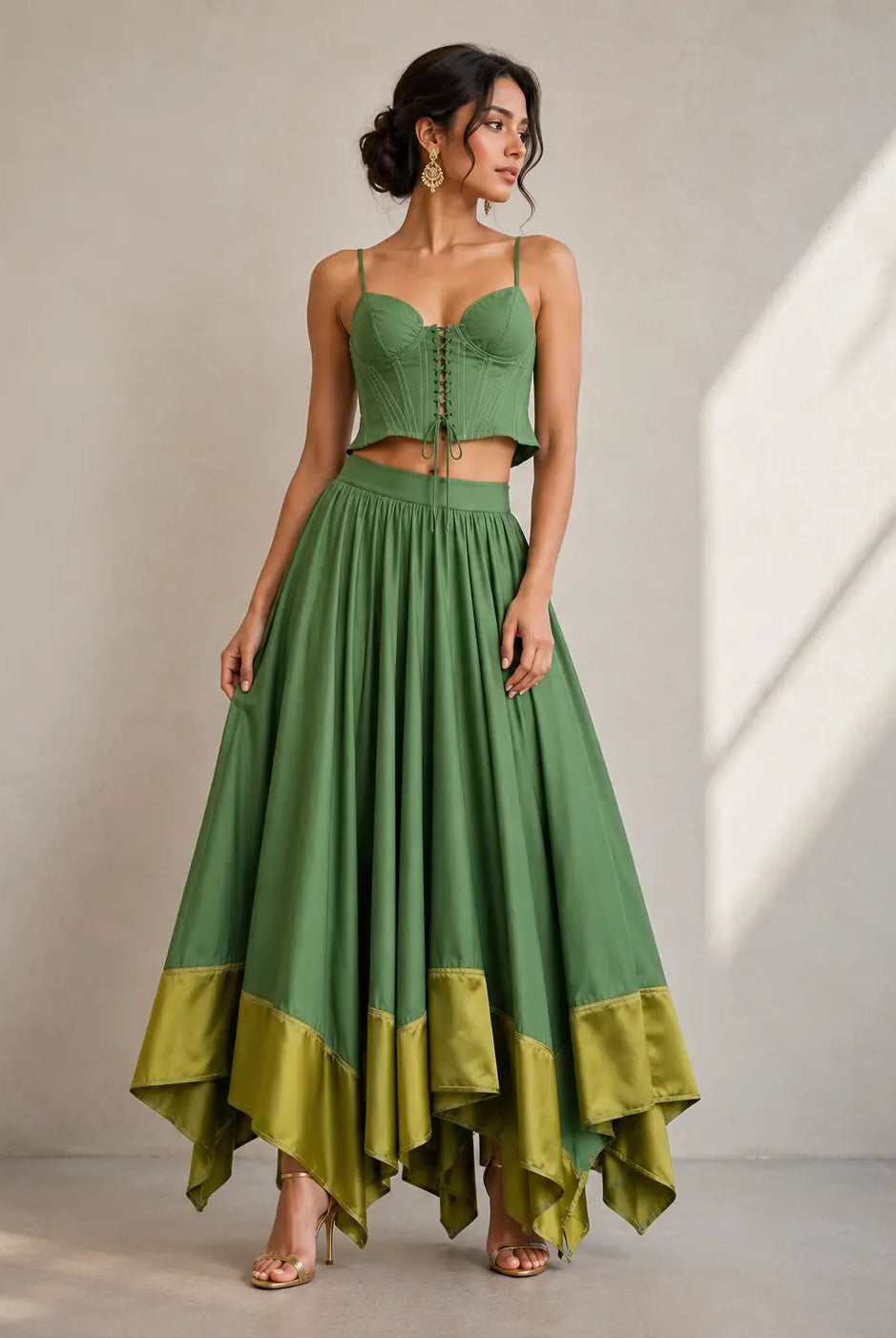 Trend4us Vintage Corset Crop Top & Satin Hem Maxi Skirt Set