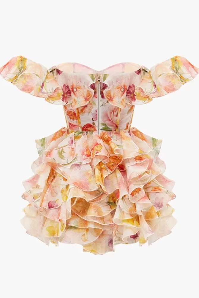Trend4us Luxe Floral Ruffle Off-Shoulder Mini Dress back view