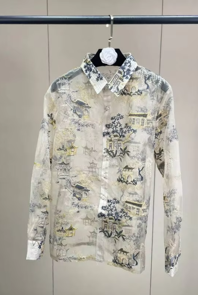 Trend4us Luxe Sheer Organza Embroidered Scenic Blouse