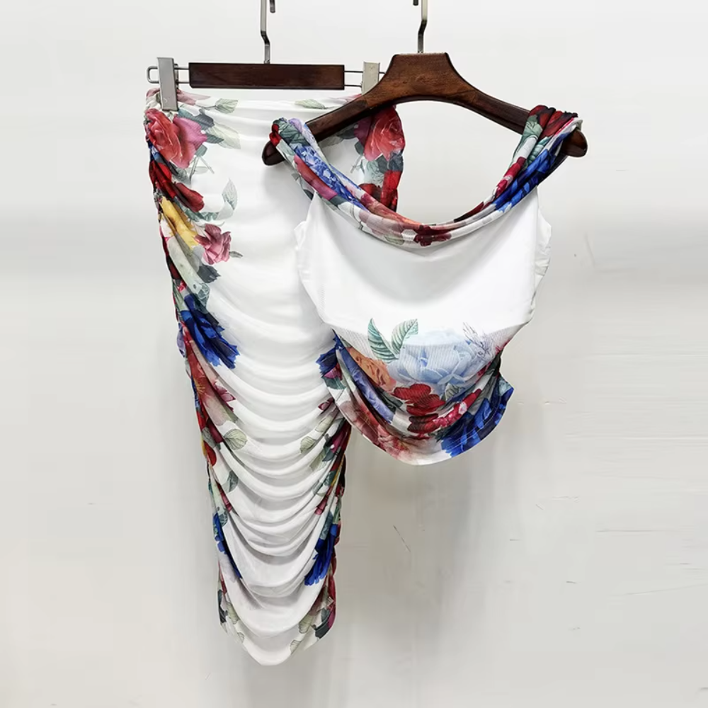 Trend4us Off-Shoulder Draped Top & Ruched Skirt Set ront view