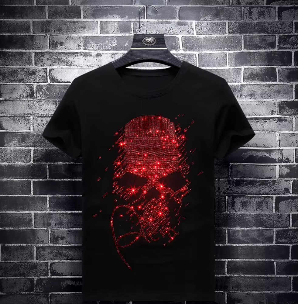 Trend4us Luxe Red Rhinestone Streetwear Skull Graphic Tee in black front view