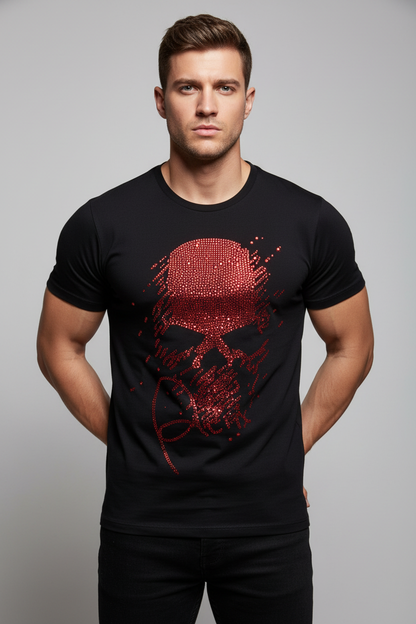 Trend4us Luxe Red Rhinestone Streetwear Skull Graphic Tee in black front view
