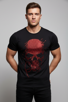 Trend4us Luxe Red Rhinestone Streetwear Skull Graphic Tee in black front view