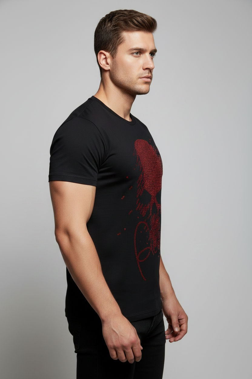 Trend4us Luxe Red Rhinestone Streetwear Skull Graphic Tee in black side view