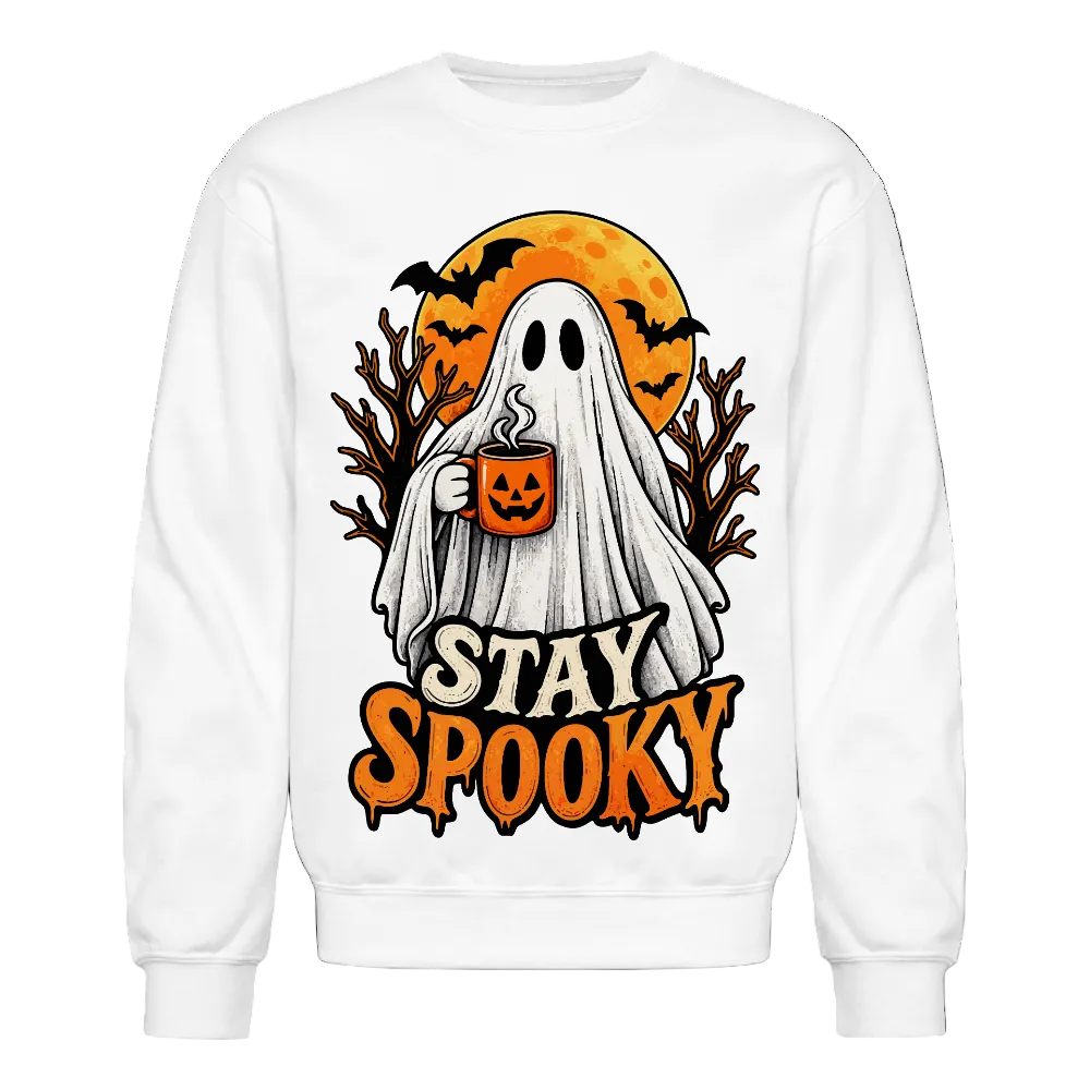 Trend4us Cute Ghost with Pumpkin Crewneck Sweatshirt - white