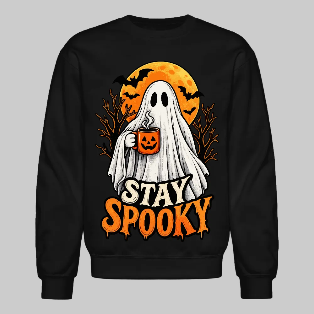 Trend4us Cute Ghost with Pumpkin Crewneck Sweatshirt - black