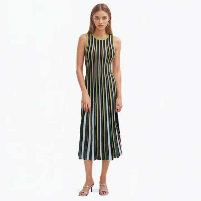 Retro Multicolor Striped Knit Midi Dress - Sleeveless Bodycon