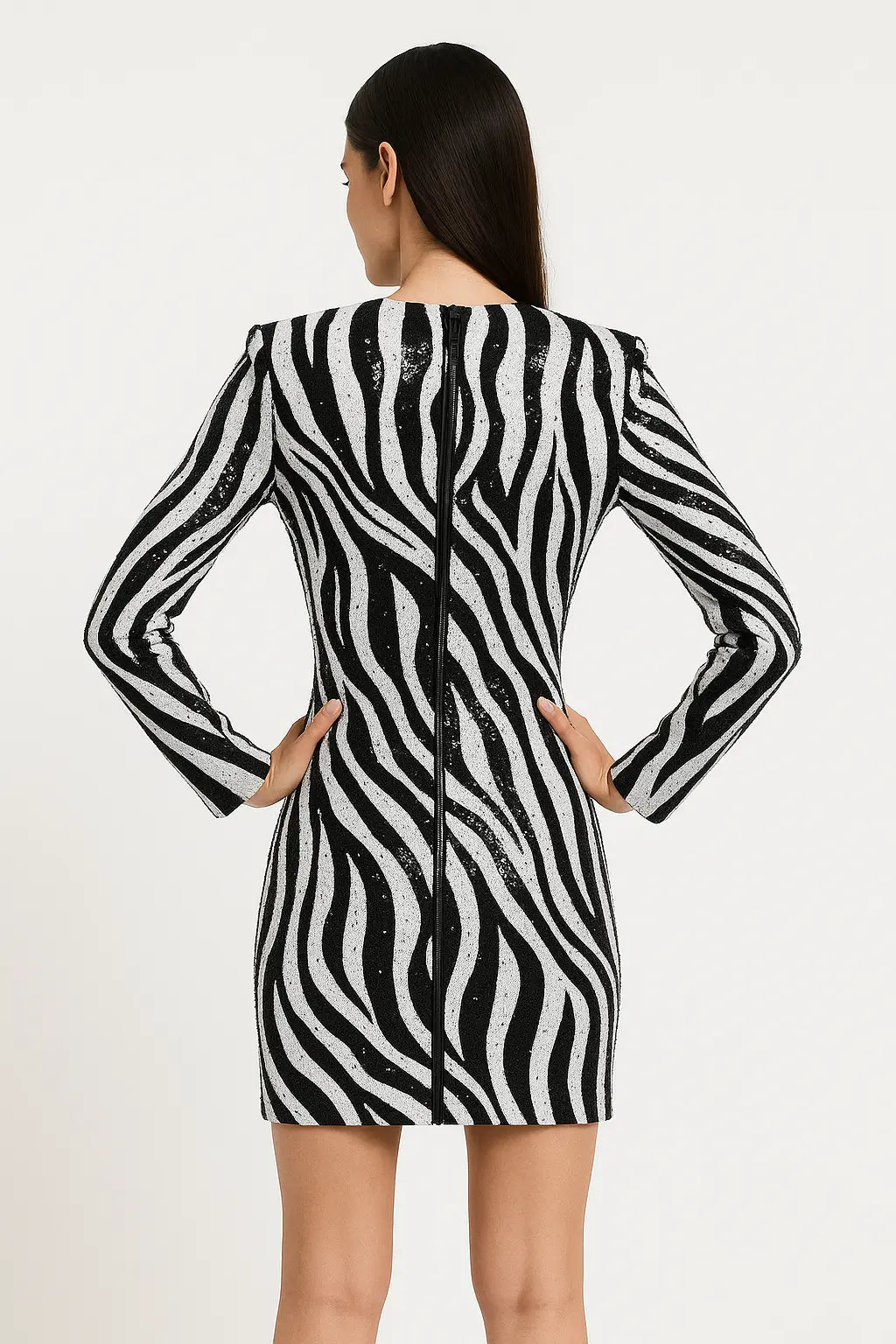 Trend4us Sequin Zebra Print Long Sleeve Mini Dress