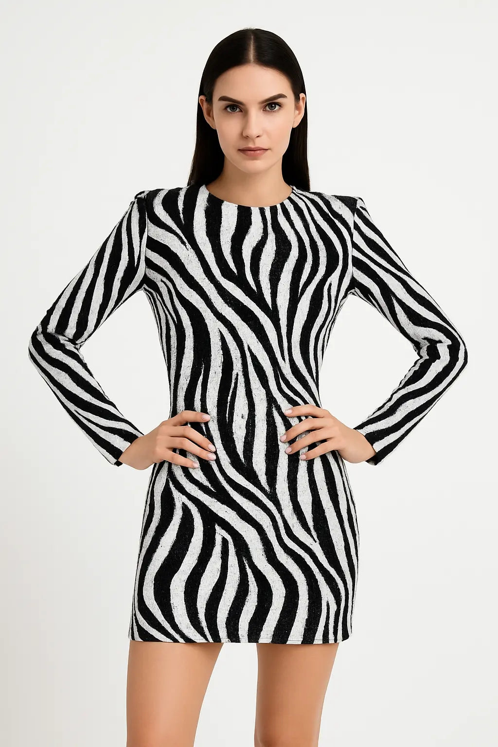 Trend4us Sequin Zebra Print Long Sleeve Mini Dress
