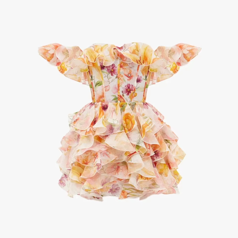 Trend4us Luxe Floral Ruffle Off-Shoulder Mini Dress