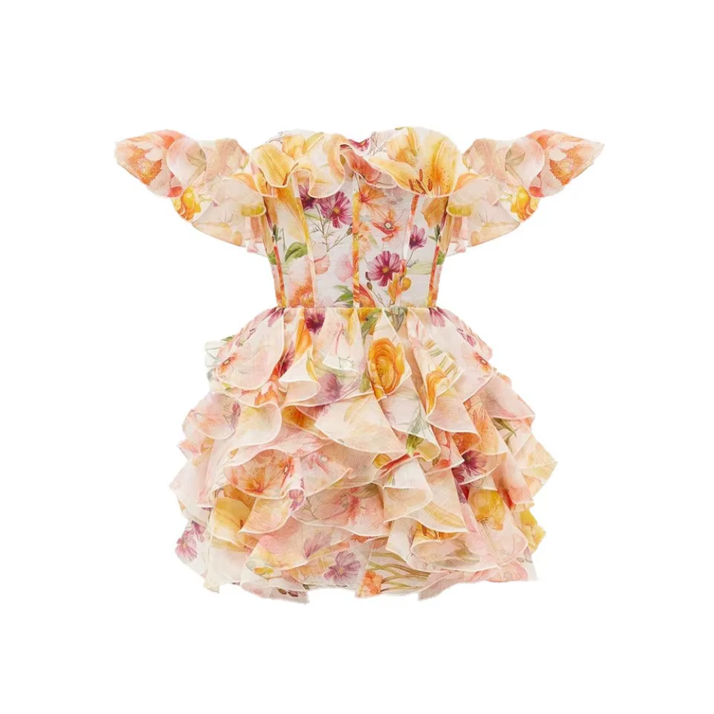 Trend4us Luxe Floral Ruffle Off-Shoulder Mini Dress front view