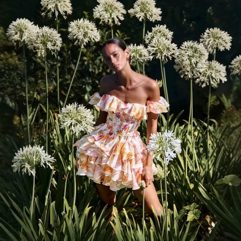 Trend4us Luxe Floral Ruffle Off-Shoulder Mini Dress