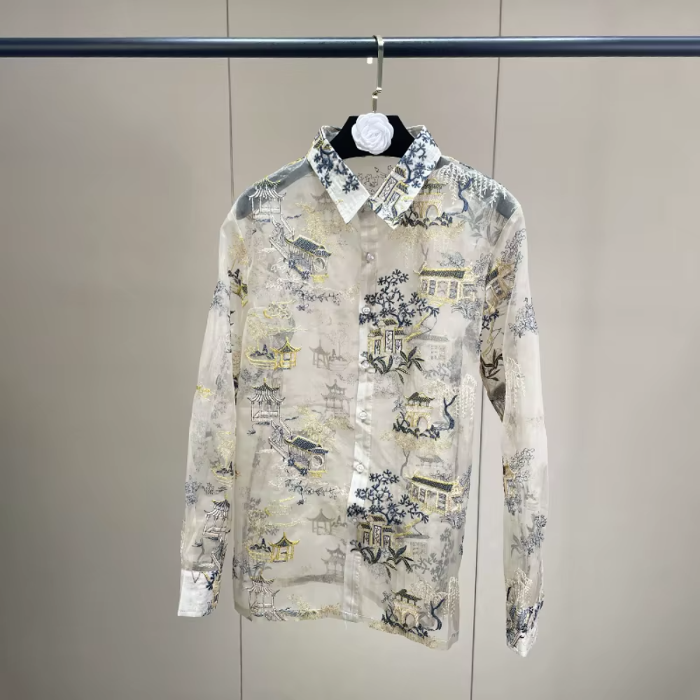 Trend4us Luxe Sheer Organza Embroidered Scenic Blouse