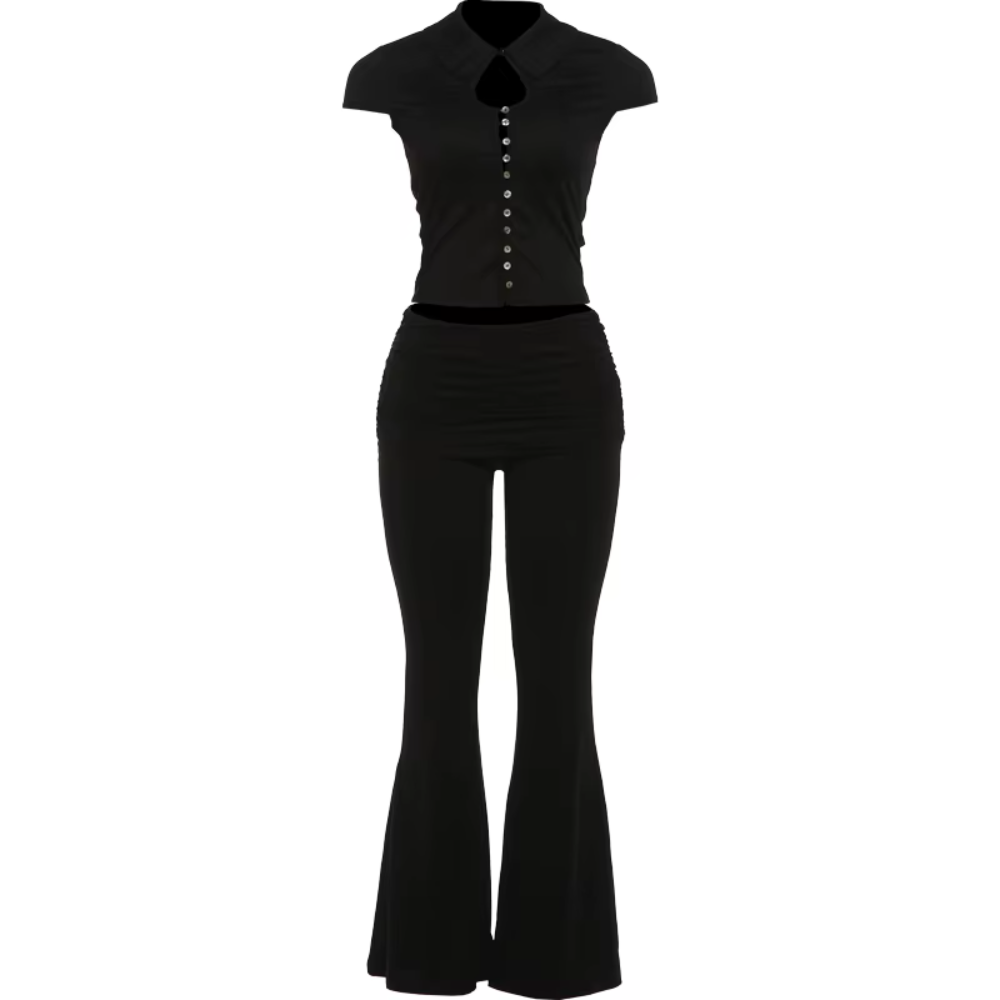 Trend4us Streetwear Button-Up Crop Top & Ruched Flare Pants Set - Black
