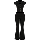 Trend4us Streetwear Button-Up Crop Top & Ruched Flare Pants Set - Black