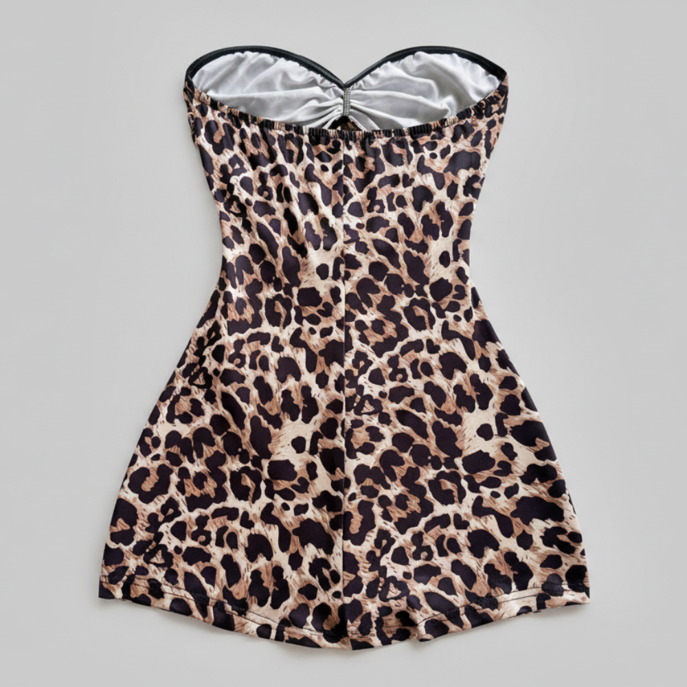 Leopard print strapless swimsuit on a gray background