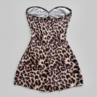 Leopard print strapless swimsuit on a gray background