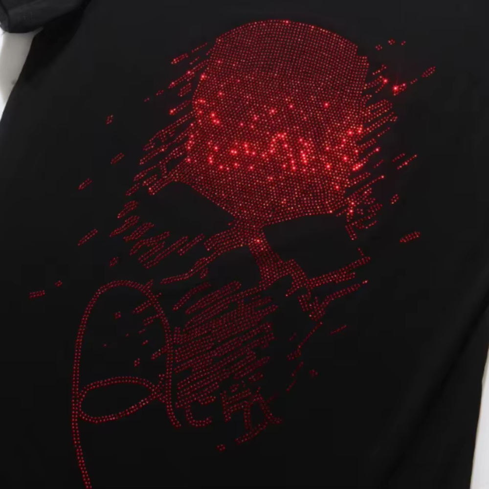 Trend4us Luxe Red Rhinestone Streetwear Skull Graphic Tee in black closer view