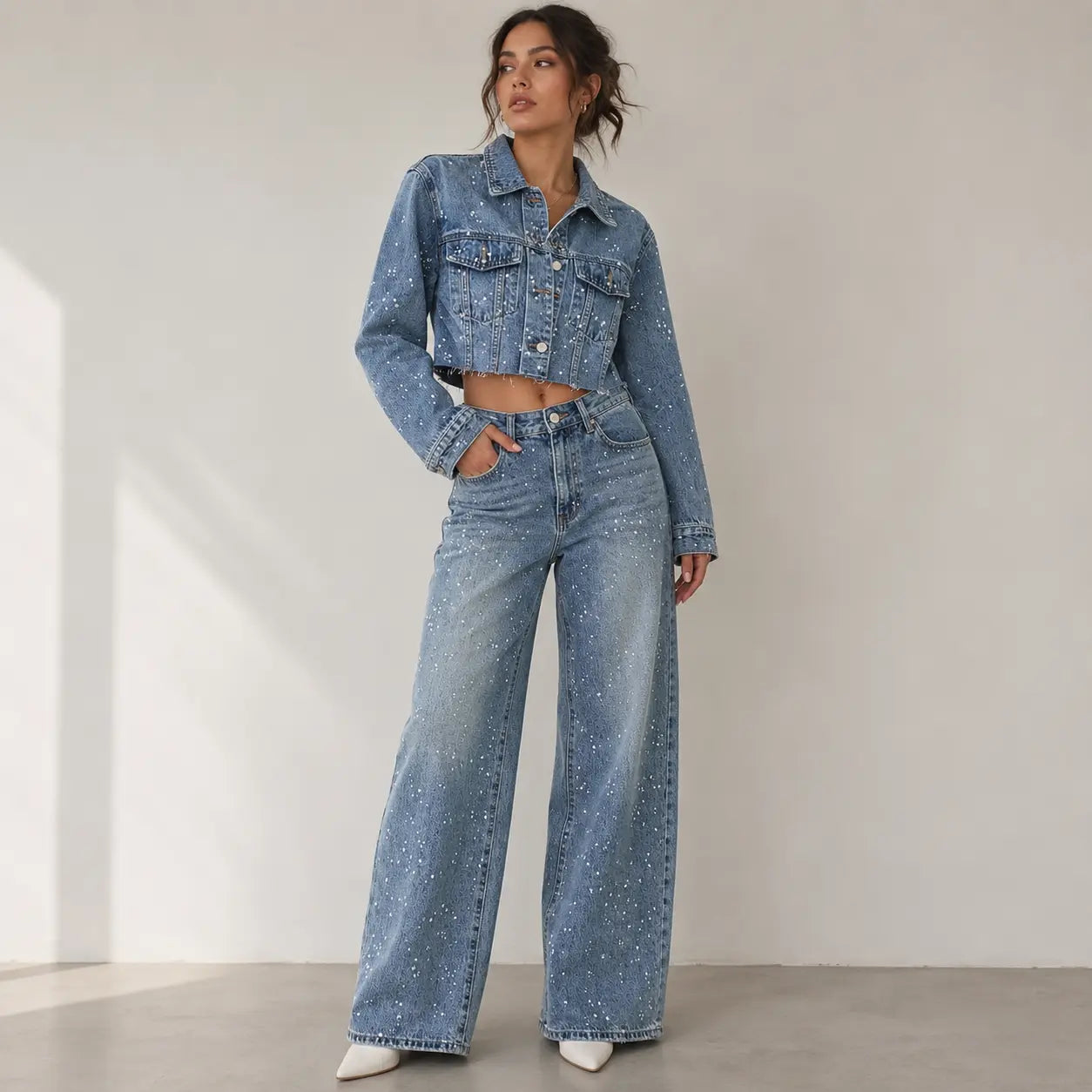 Trend4us Luxe Crystal Cropped Denim Jacket & Wide-Leg Jeans Set