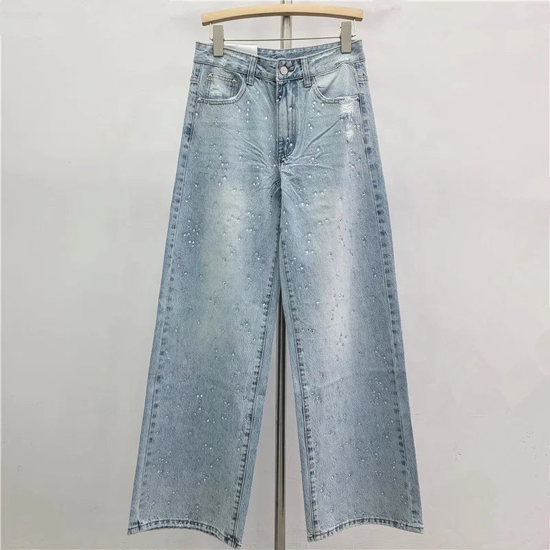Trend4us Luxe Crystal Cropped Denim Jacket & Wide-Leg Jeans Set