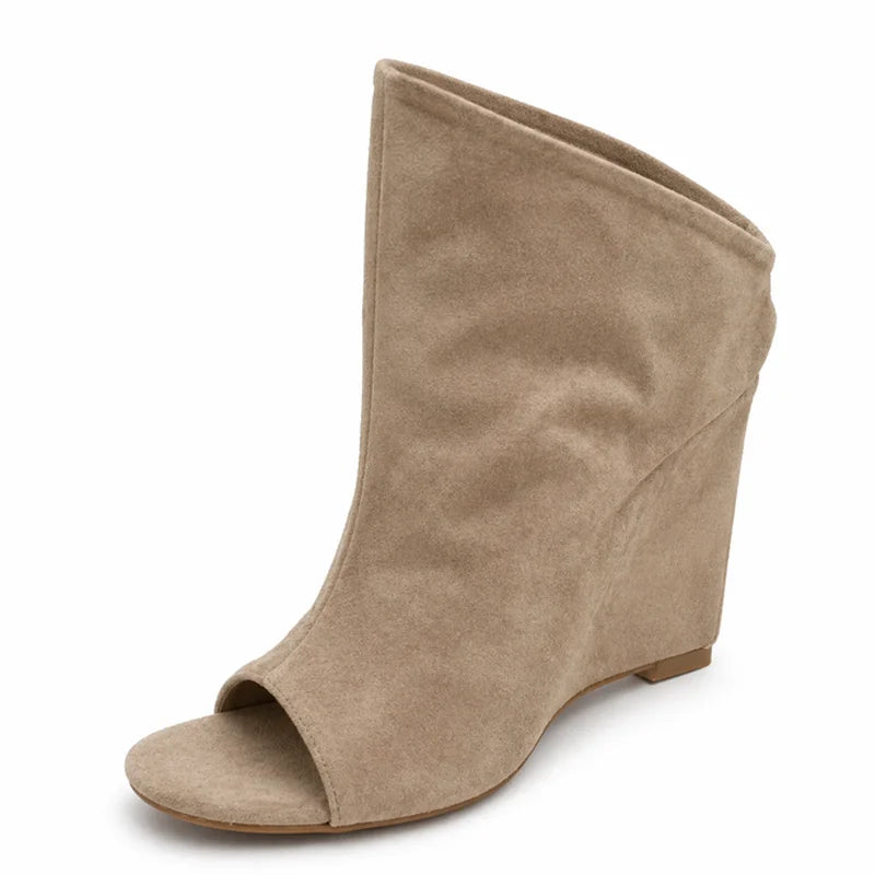 Trend4us Luxe Suede Peep-Toe Wedge Ankle Booties