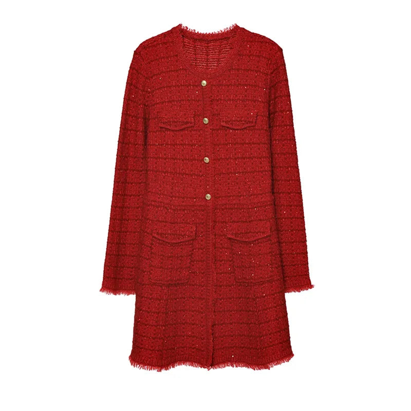 A red textured tweed dress with gold-tone buttons and frayed edges, displayed against a solid white background.