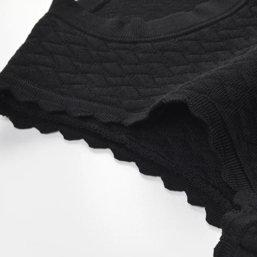 Close-up of a black ribbed knit garment, likely a sweater or top, showing the textured knit pattern and scalloped edge against a white background.
