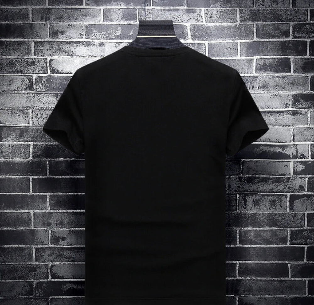 Trend4us Luxe Red Rhinestone Streetwear Skull Graphic Tee in black back view