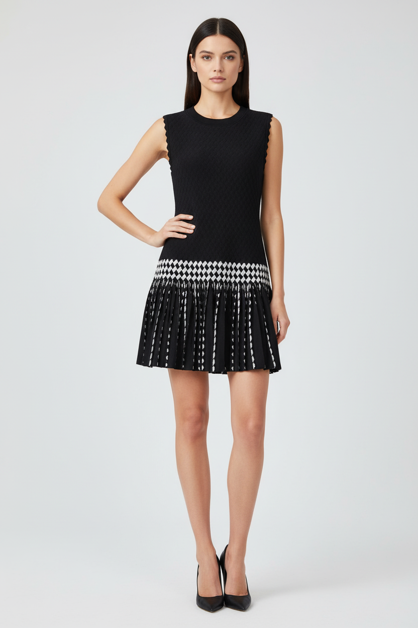 A woman modeling a sleeveless black mini dress with a pleated skirt and a horizontal black-and-white patterned band at the waist, photographed against a light gray studio background.