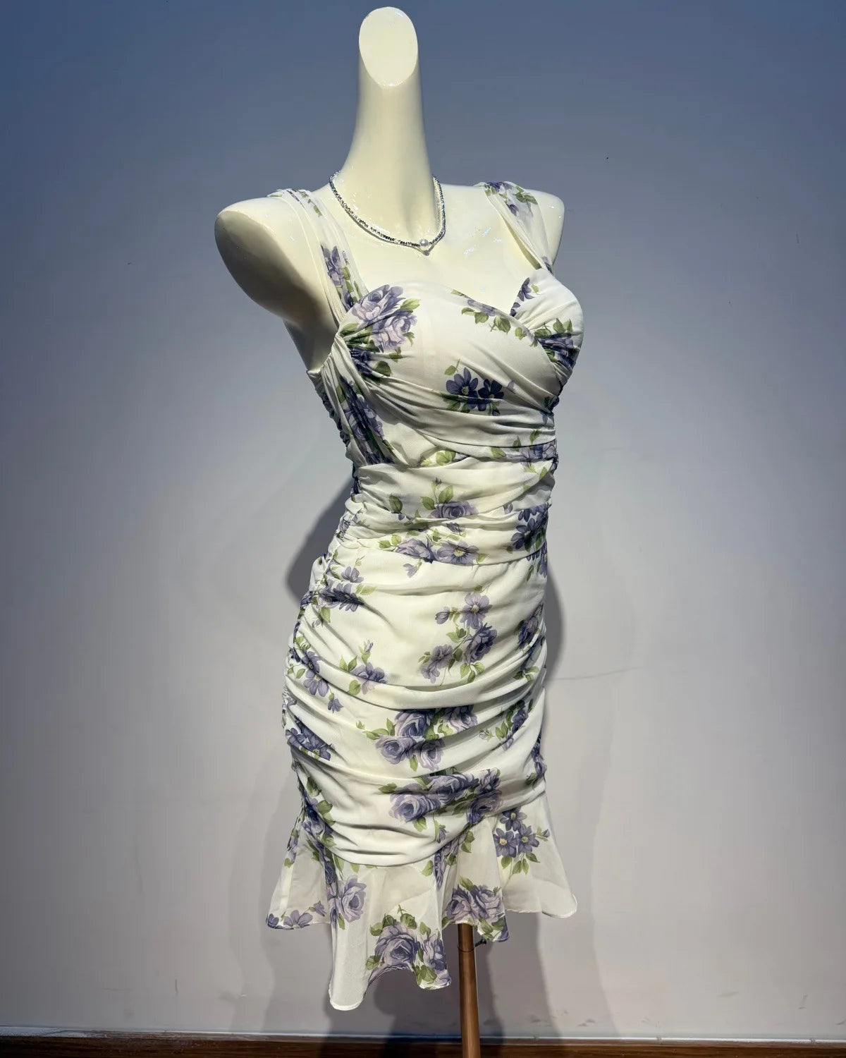 Trend4us Chiffon Mesh Floral Ruched Mermaid Mini Dress