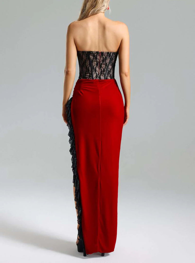 "Trend4us Women’s Strapless Lace and Velvet Slit Gown"